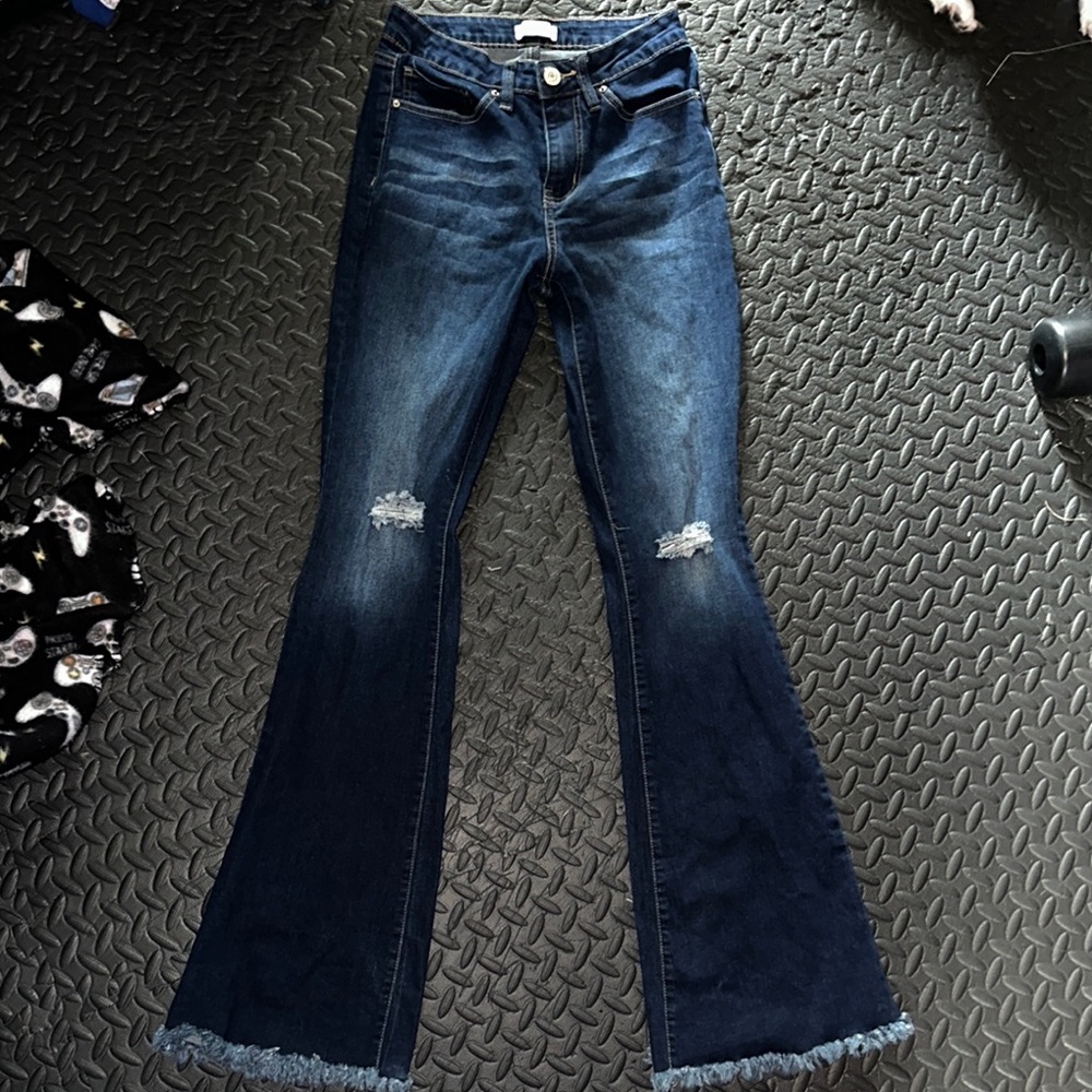 YMI Dark Blue Flare Jeans with Distressed Details
